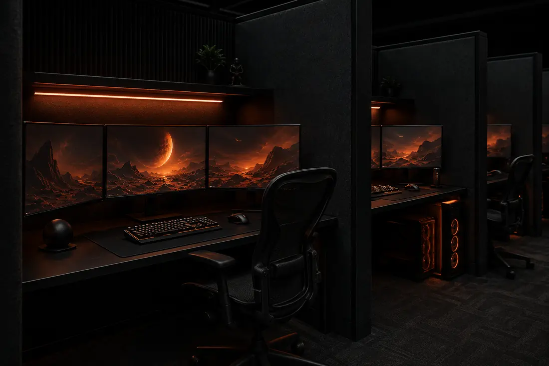 Fila de estaciones individuales con monitores curvos y sillas gamer