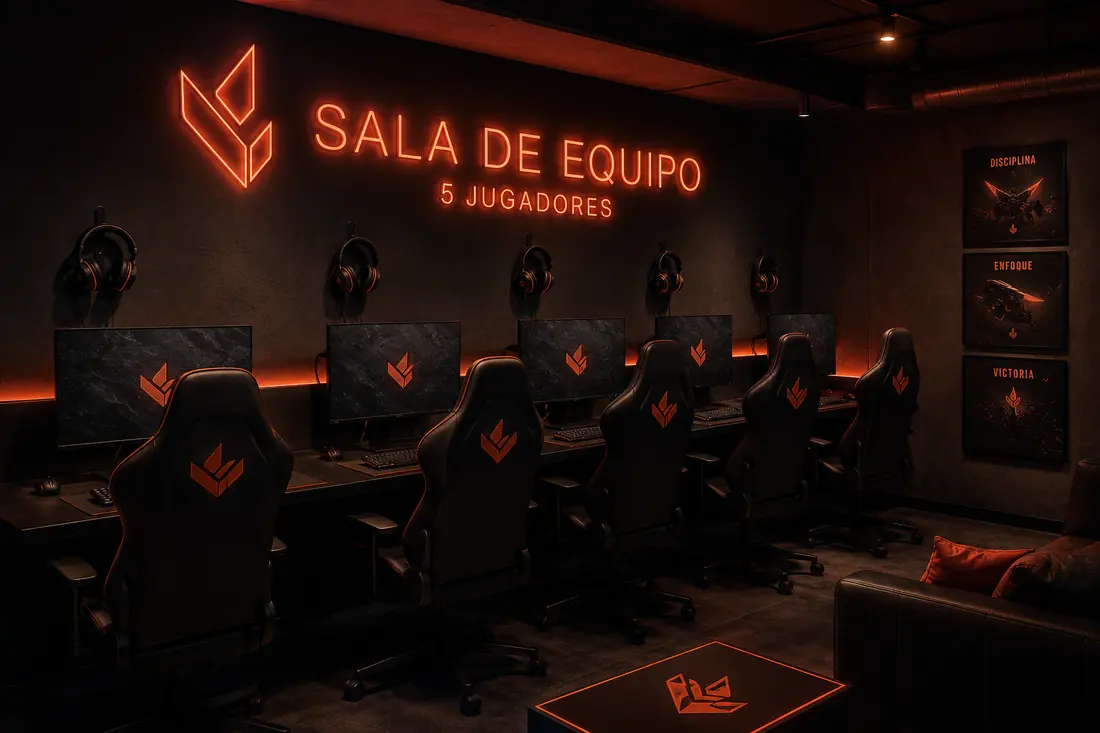 Sala de equipo con cinco estaciones y letrero neón Sala de Equipo